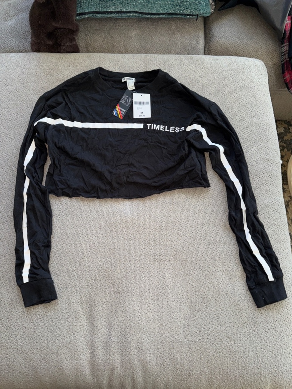 Forever 21 Black Cropped Long-Sleeve Top with White Stripe